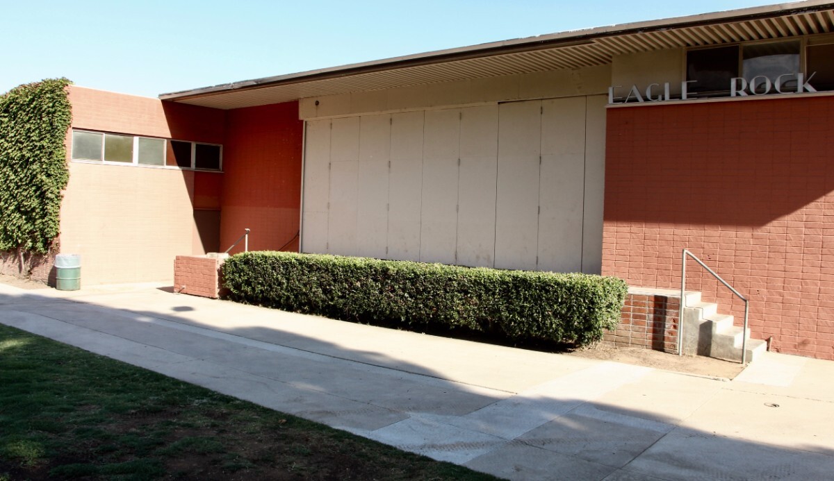 The Eagle Rock Recreation Center's boarded up stage and filled in reflecting pool | Jordan Riefe