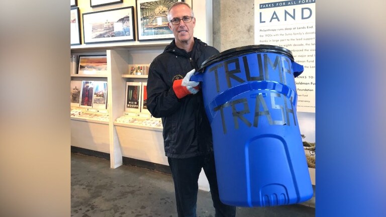 Congressman Jared Huffman (D-San Rafael) delivering trash to represent consequences of government shutdown. | Democracy Now