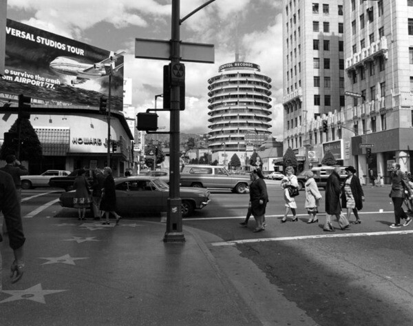 1978 photo by William Reagh of Hollywood and Vine, looking north toward the Howard Johnson's restaurant and Capitol Records tower. Courtesy of the Photo Collection - Los Angeles Public Library.