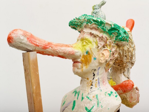 Marc Horowitz, "Burton: Do you really want to destroy what we are not yet able to comprehend?" 2015. Clay, resin, steel, wood, encaustic, spray paint, porcelein. 38 x 21 x 77 inches.
