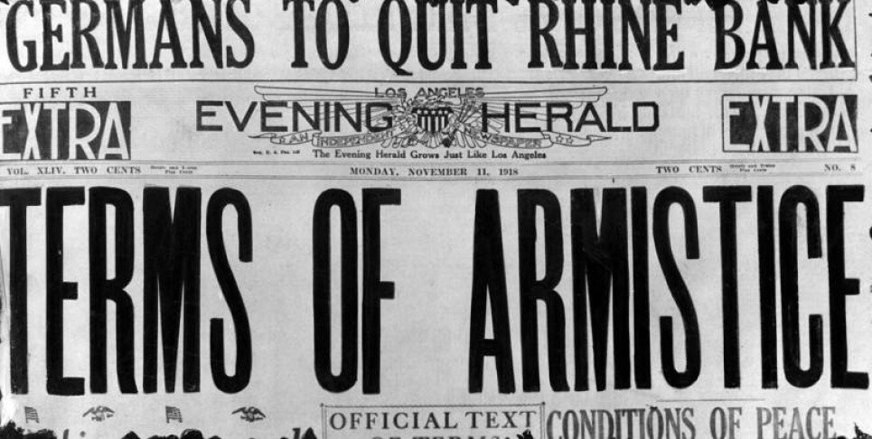 The headline of the Los Angeles Evening Herald on November 11, 1918 marks the end of World War I. | Herald Examiner Collection/Los Angeles Public Library Collection