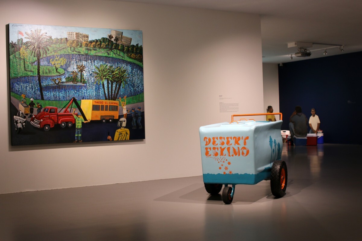 "MacArthur Park, the Arrest of the Taco wagon, an Attack on Culture" 2010 by Frank Romero and "Paleta Cart," 2004 by Gary Garay | Samanta Helou Hernandez
