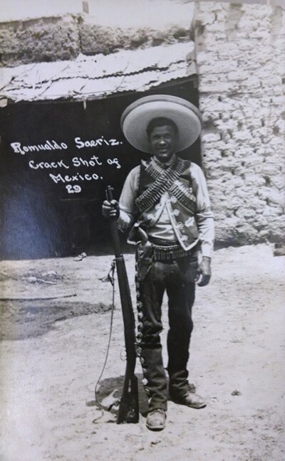 Unknown, "Romualdo Saeriz," Crack Shot of Mexico, 29, n.d. Photographic Postcard. Collection of Mexican Revolution photographs, Collection 026. UCR Library, Special Collections & University Archives, University of California, Riverside.