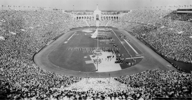 The Los Angeles Memorial Coliseum hosts the opening ceremonies for 1932 Summer Olympics