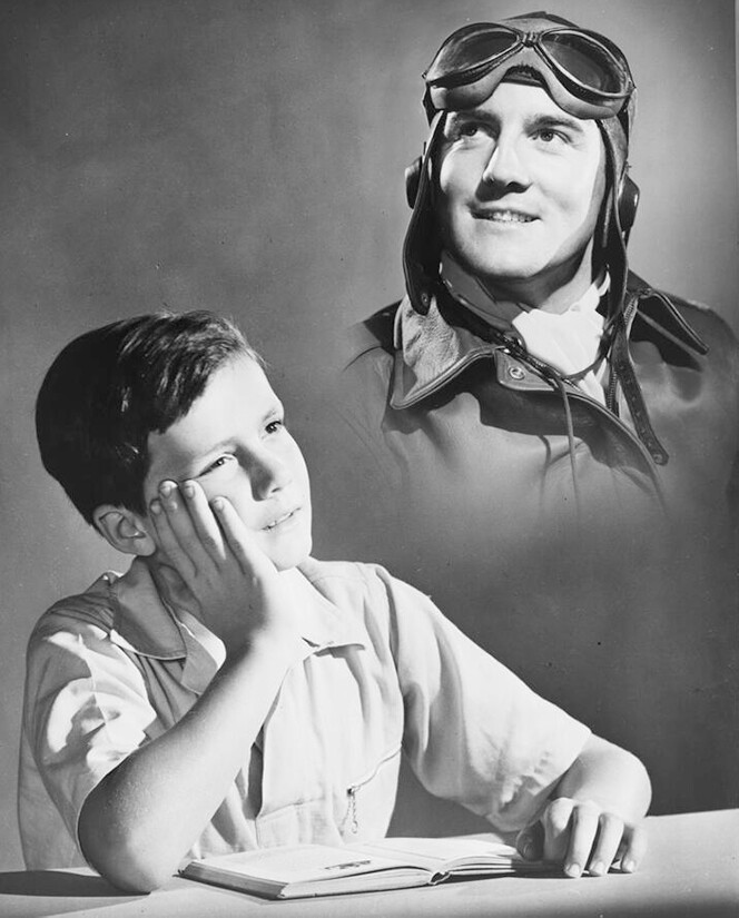 A boy depicted thinking about becoming a soldier, 1942.