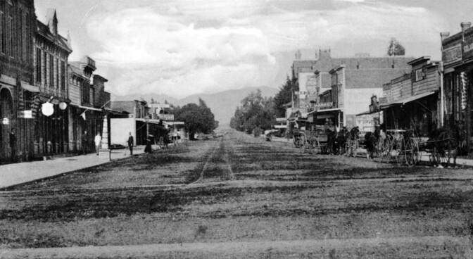 Circa 1891 view of Santa Monica's Third Street, looking north from Broadway to Nevada Avenue. Courtesy of the USC Libraries - California Historical Society Collection.
