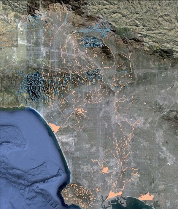 Google Earth satellite imagery of Los Angeles overlaid with L.A.'s historical streams and wetlands. Courtesy of Jessica Hall, L.A. Creek Freak.