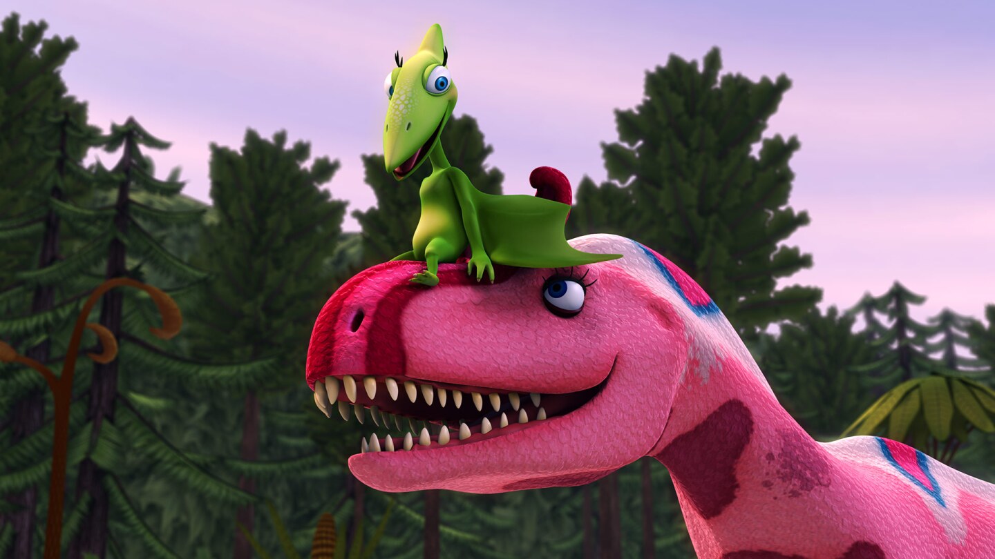 Cartoon of a Pteranodon sitting on the head of a Tyrannosaurus
