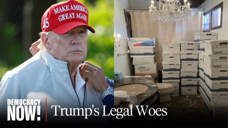 Images of Donald Trump wearing a red hat that reads "Make America Great Again," and tall stacks of bankers boxes in a bathroom with a chandelier. Text at the bottom reads: "Trump's Legal Woes."