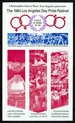 Christopher Street West/Los Angeles presents the 1983 gay pride festival featuring the words "Unity & more in '84,” poster.