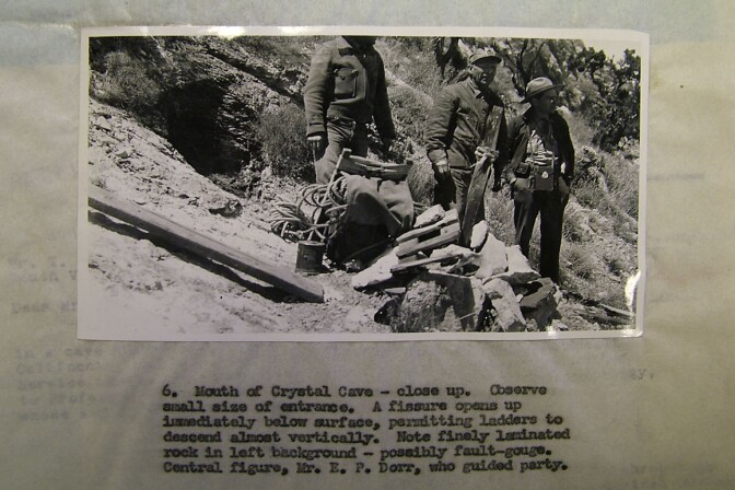A photograph from the original 1942 NPS investigation report debunking Dorr's alleged Crystal Cave entry point. Dorr, who acted as field guide, is pictured in the center of the group. | Image courtesy Ralph Lewis.