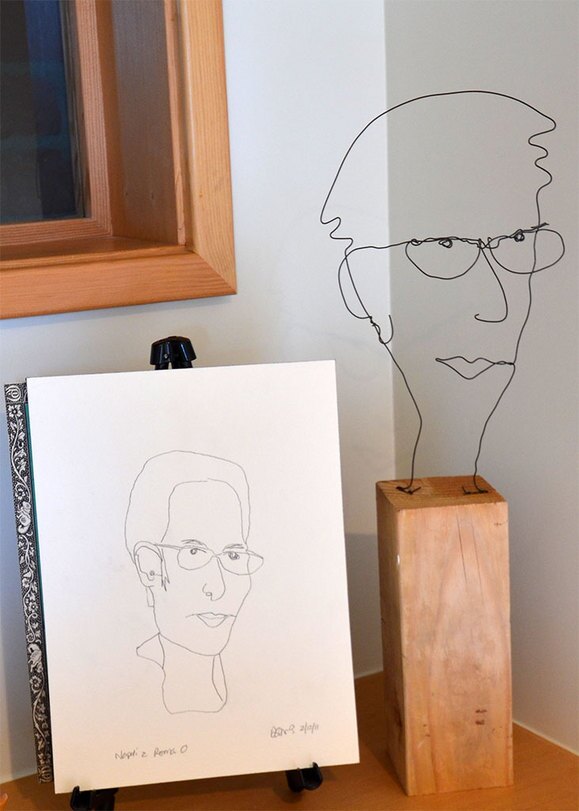 Left: Mr. Bonzai, "Keiko Napoli 46b" 2011, 10" x 8" pencil on paper. Right: "Wire Portrait 46b" 2011, 18" x 4" x 4" Black Wire, Douglas Fir