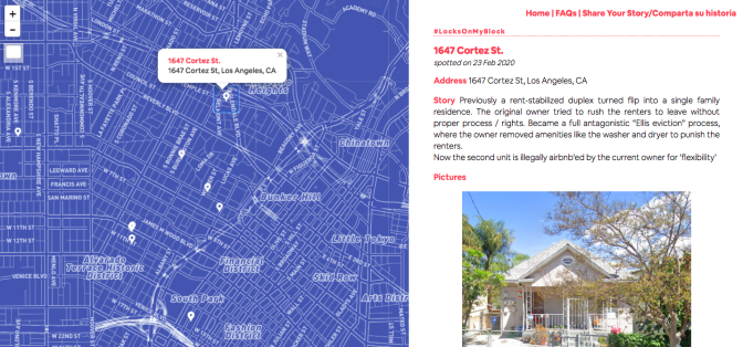 A screenshot of Locks on my Block, showing on the left a blue, interactive map of Los Angeles with reported listings features on the right side of the screen