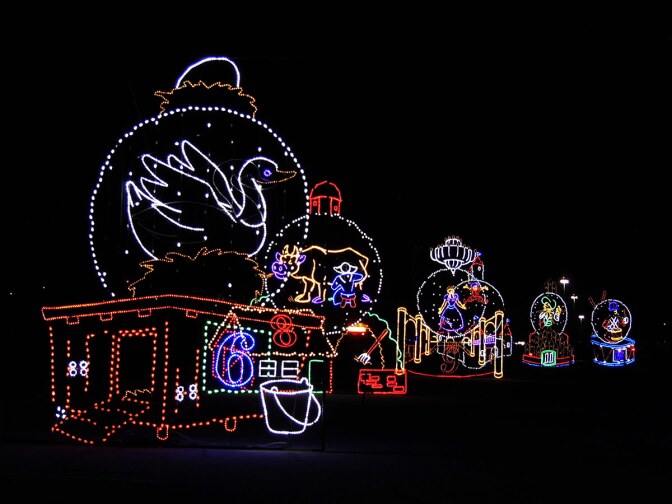 Several Christmas lights decorations shaped like scenes from the song "12 Days of Christmas" at Night of Lights OC at the OC Fair & Event Center. | Sandi Hemmerlein