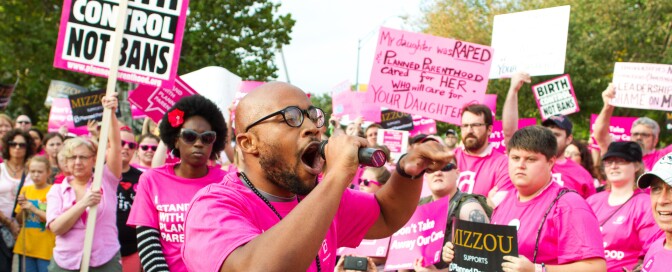 Student Jonathan Butler at a Planned Parenthood rally at the University of Missouri, 2015