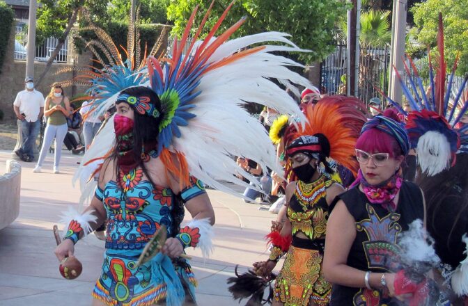 Several danzantes give a danza presentation at a Juneteenth celebration in Boyle Heights’ Mariachi Plaza | Anthony Nittle