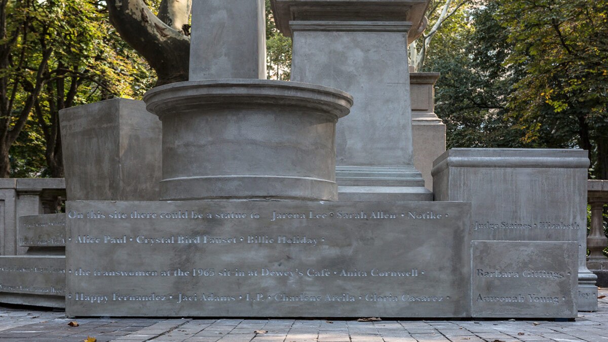 Sharon Hayes' “If They Should Ask” (2017) features concrete pedestals with names of women who could have sculptures made of them in the city of Philadelphia. | Courtesy of UCLA