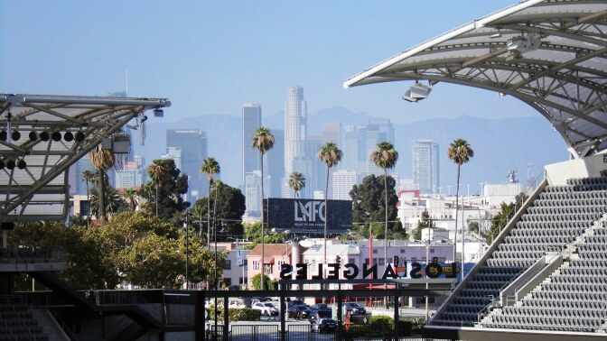 A framed view of the L.A. skyline from the southern stands at Banc of California Stadium | Sandi Hemmerlein