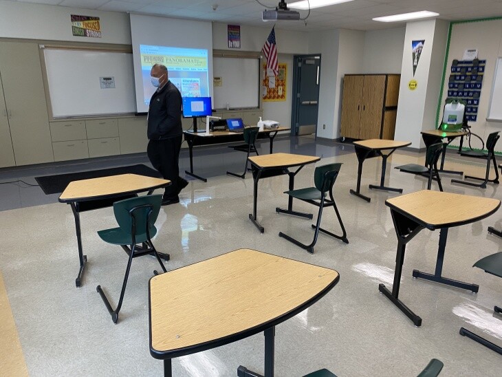 Desks spaced six feet apart in a classroom at Panorama High School in the L.A. Unified School District.