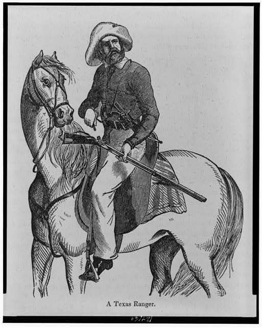 Illustration of a Texas ranger seated on a horse, holding rifle. (1848) | Prints and Photographs Division, Library of Congress