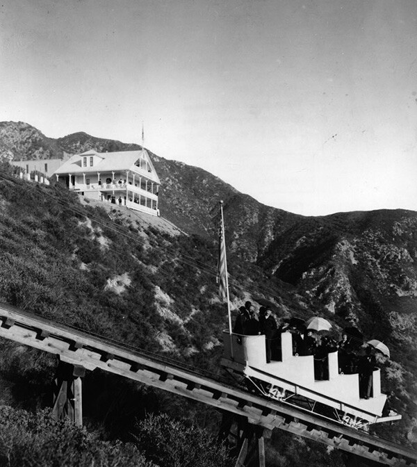 Visitors travel on the funicular or Great Incline portion of the Mount Lowe Railway | Courtesy of the Los Angeles Public Library