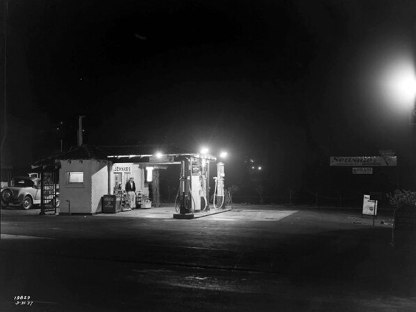 Service Station (Call Number: 02 - 19829; Photographer: Bishop, G. Haven; Date: 3/31/1937; Description: Night view of Service Station in Whittier)