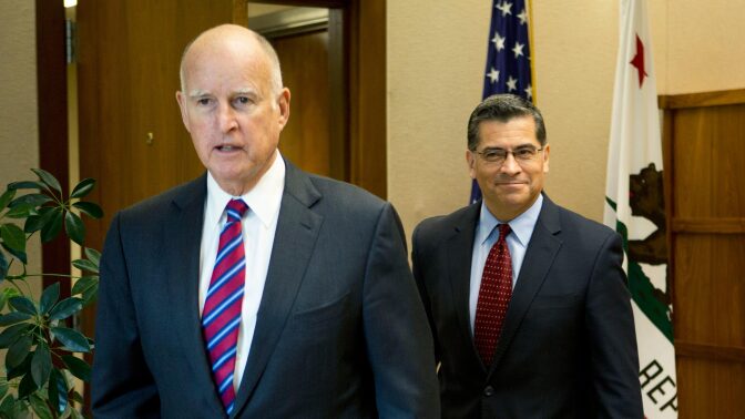 Gov. Jerry Brown with his choice for state attorney general, Xavier Becerra | photo by Steve Yeater for CALmatters