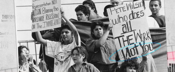 People holding up signs that say "Wilson blaming the worldwide recession on the Immigrants" protesting Prop 187. | Still from "187"