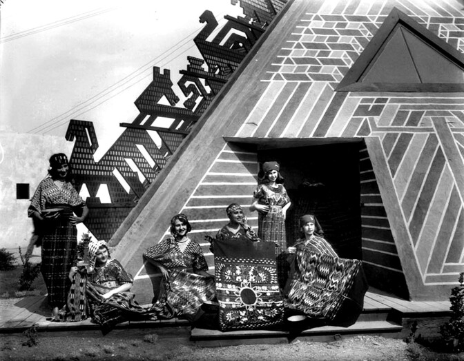 Guatemala Building. Strikingly colored and edged with stylized designs, the Guatemala building highlighted native textiles. Photograph courtesy of Security Pacific National Bank Collection, Los Angeles Public Library