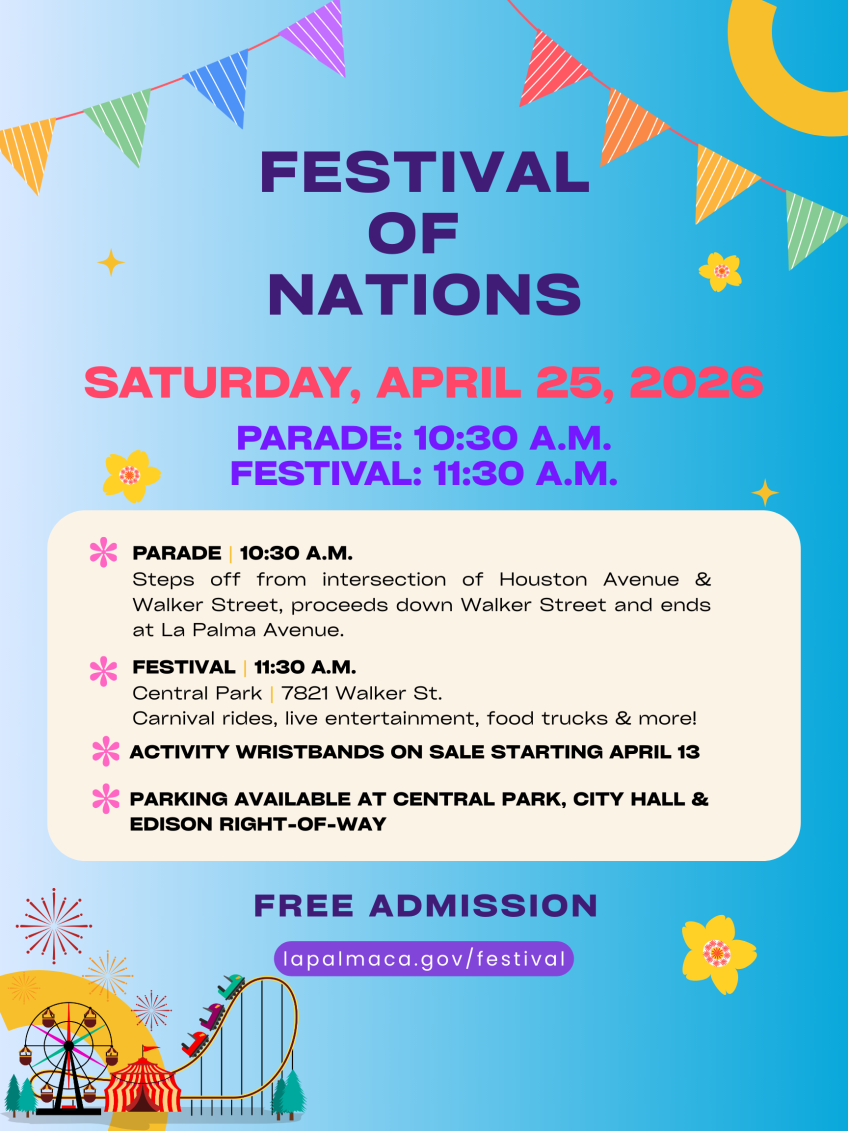 Festival Of Nations, infographic with event information and clip art of banners flowers and rollercoasters