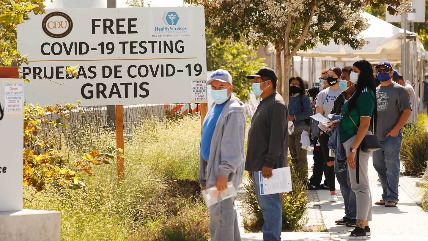 Walk-ins wait for Coronavirus Covid-19 testing in LA County at the Charles R. Drew University of Medicine and Science in South Los Angeles on July 8, 2020. | Al Seib / Los Angeles Times via Getty Images