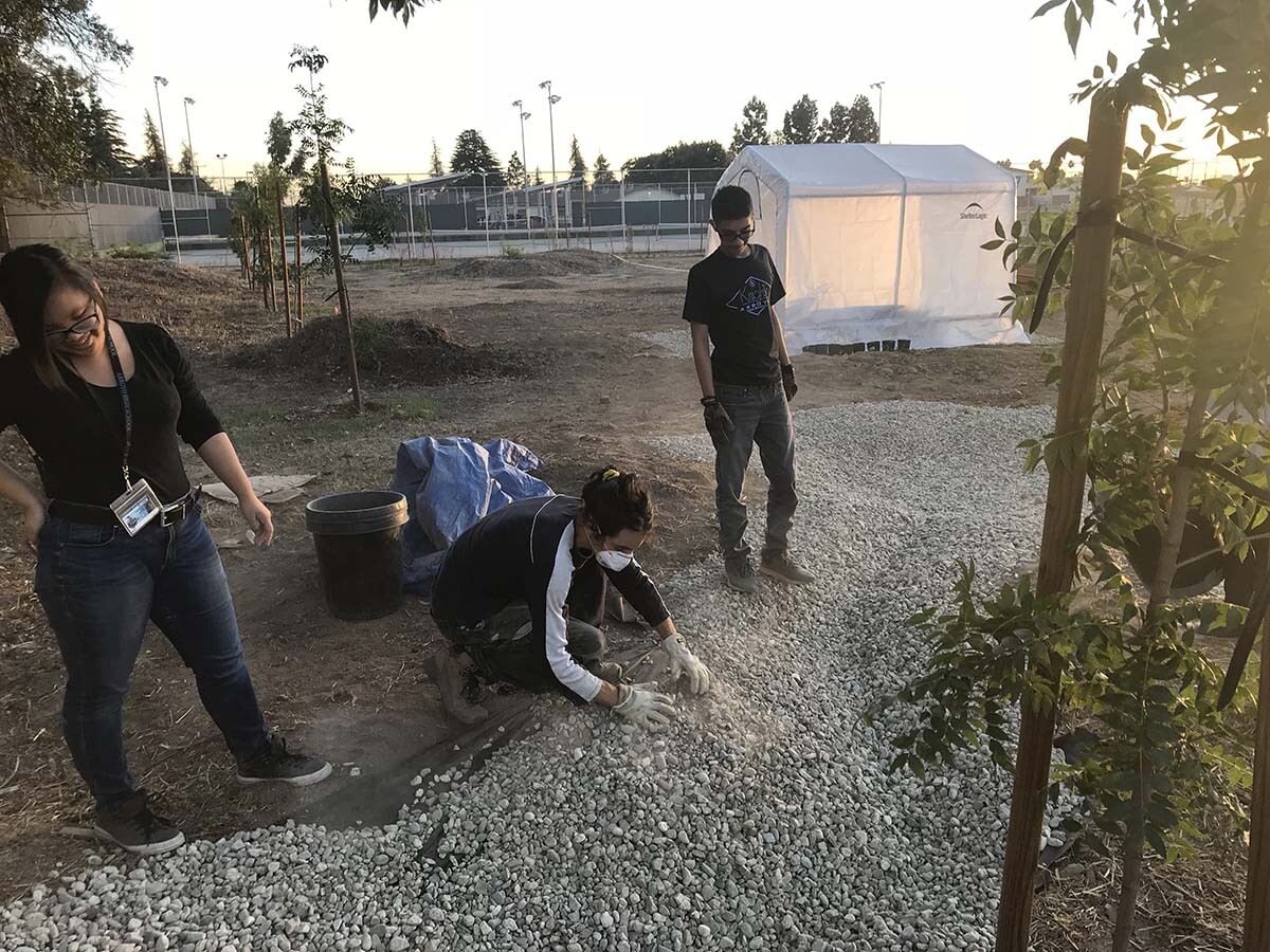 ECoUrban Gardens teacher Alessandro Bersanetti building swale with AHS students | Marianne Zaugg