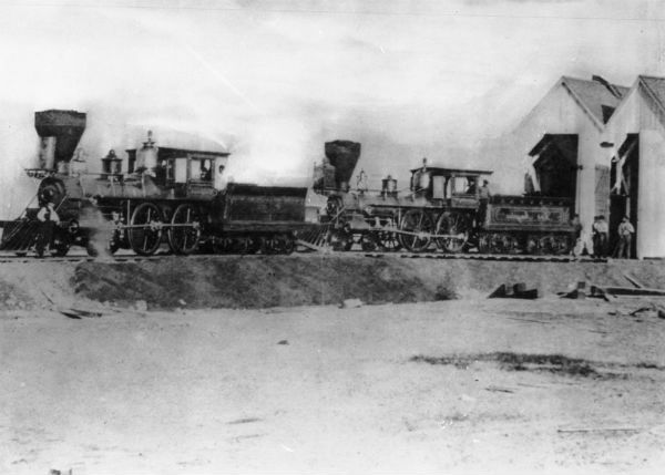 1872 photo of the two larger steam locomotives that replaced the San Gabriel on the Los Angeles & San Pedro Railroad. Courtesy of the Title Insurance and Trust / C.C. Pierce Photography Collection, USC Libraries.