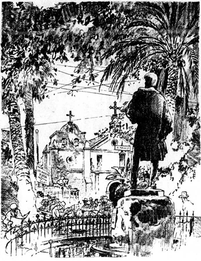 A black ink illustration of a church in the Spanish mission architectural style. A statue of a man stands facing the church and is surrounded by trees.