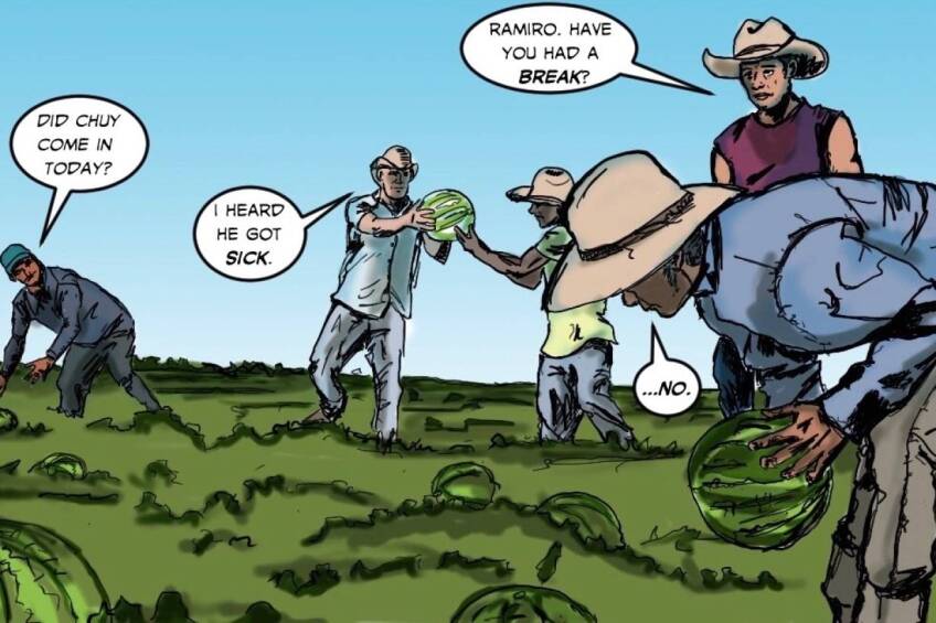 Latino migrant workers in the United States feature in the latest edition of the comic book ‘El Peso Hero’ by Hector Rodriguez, 1 June, 2020. | Handout / Thomson Reuters Foundation