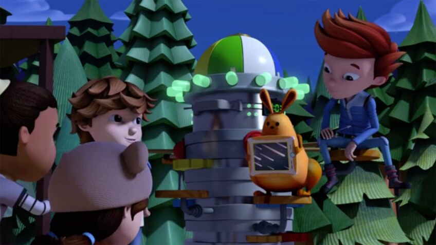 Cartoon of children standing outside watching a tablet showing a meteor shower