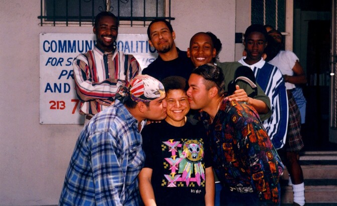 Now Congresswoman Karen Bass (center) and co-author Marqueece Harris Dawson top left corner, and other SCYEA youth in the 1990s. | Community Coalition
