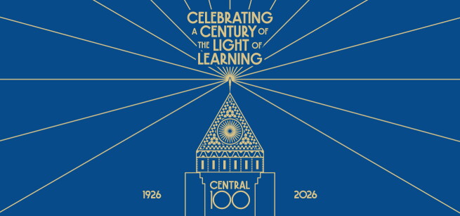 Central Library Centennial Festival, blue banner with a drawn building at the center and sun rays emitting from the center of the roof 