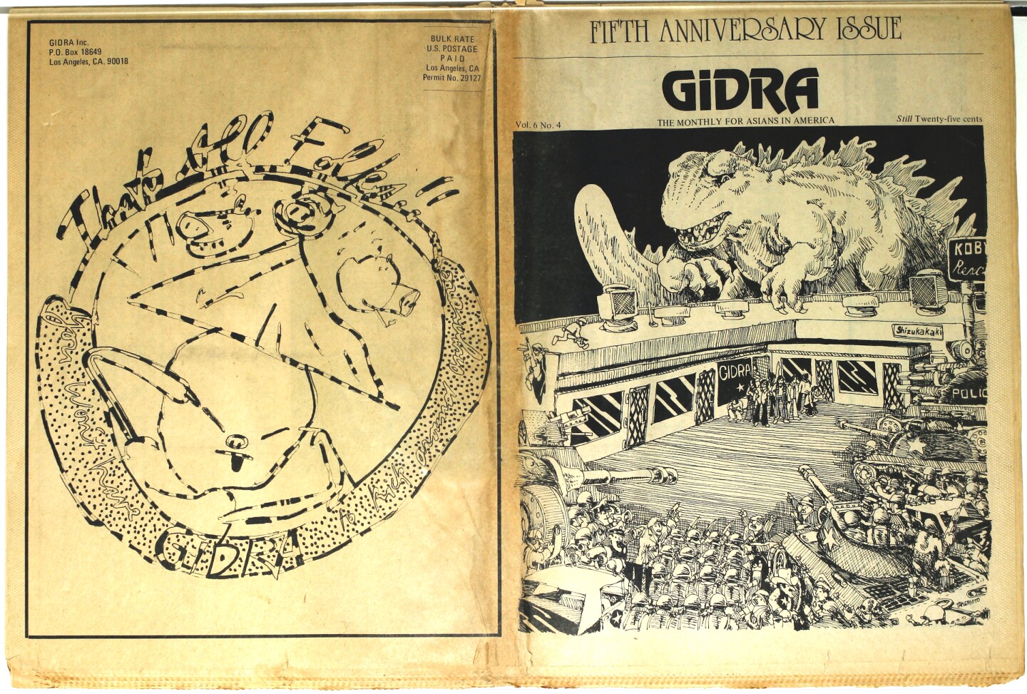 The April 1974 issue of Gidra. A military group pulls up to the Gidra headquarters where Asian American students stand their ground alongside a Godzilla-like monster. (image courtesy Gidra and Densho).jpg