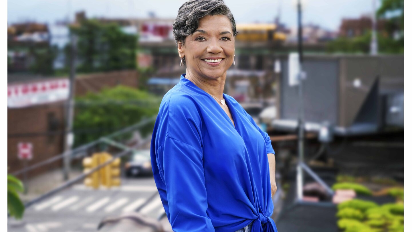 Sonia Manzano in the Bronx wearing a blue shirt.