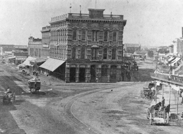 Temple Block at the junction of Main, Spring and Temple Streets, which housed Temple and Wokman Bank, ca. 1876 | Security Pacific National Bank Collection courtesy of the Los Angeles Public Library