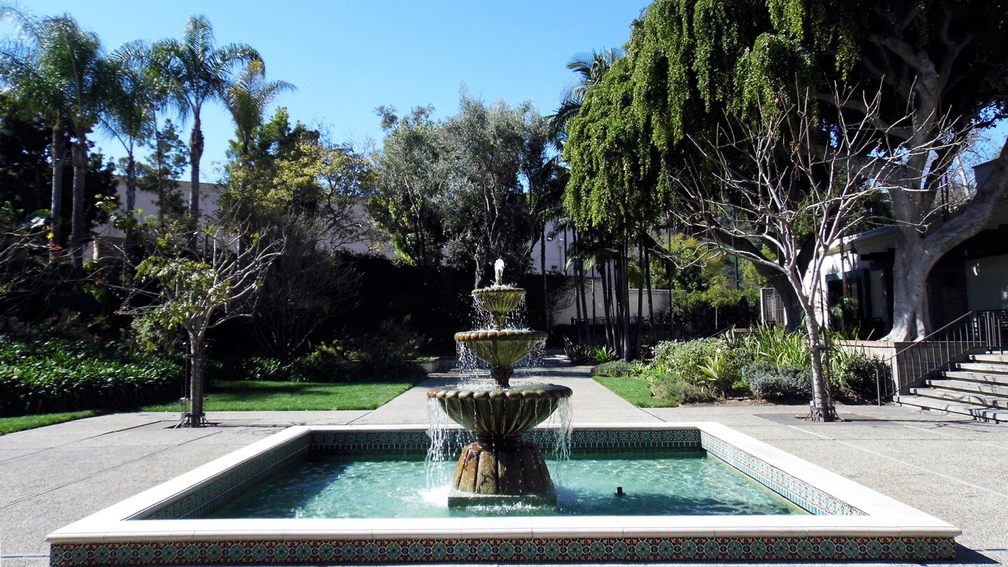A three-tiered fountain in the Main Courtyard at the Los Angeles River Center & Gardens. | Sandi Hemmerlein