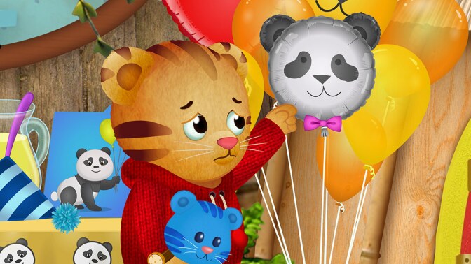 Cartoon of a small tiger frowning next to a bunch of balloons
