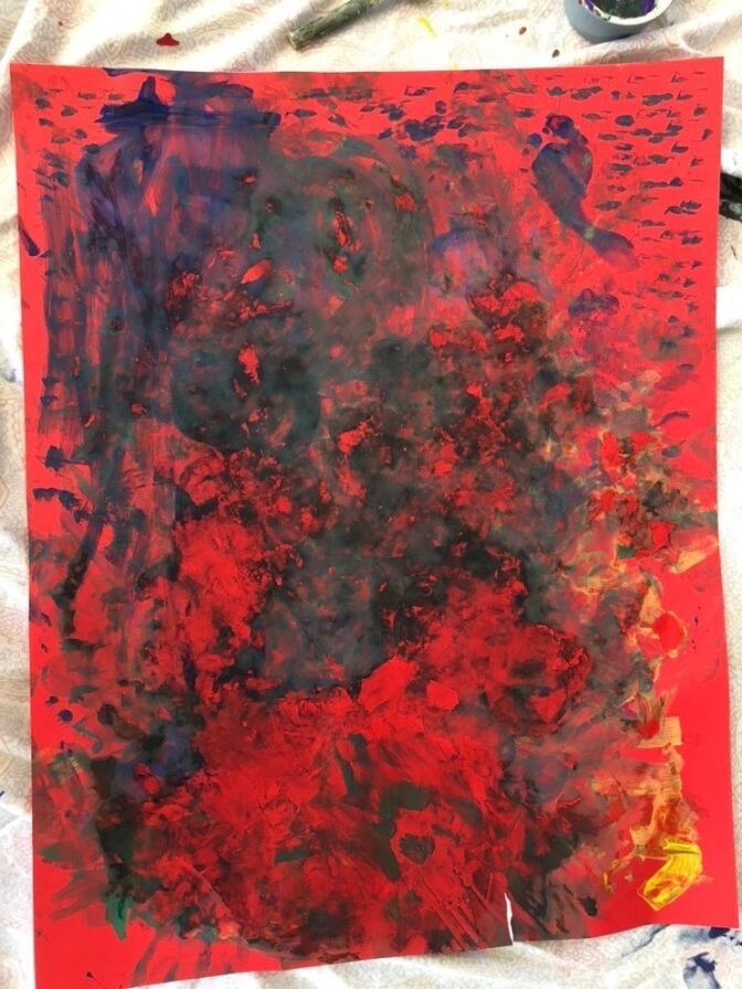 A child's colorful abstract artwork featured on Sarah Woo's Art at a Distance Instagram account.