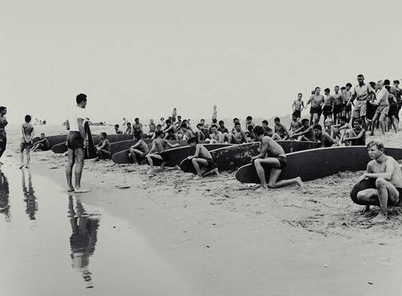 Paddleboard race in Santa Monica Bay on August 13, 1949. Courtesy of the Santa Monica Public Library Image Archives