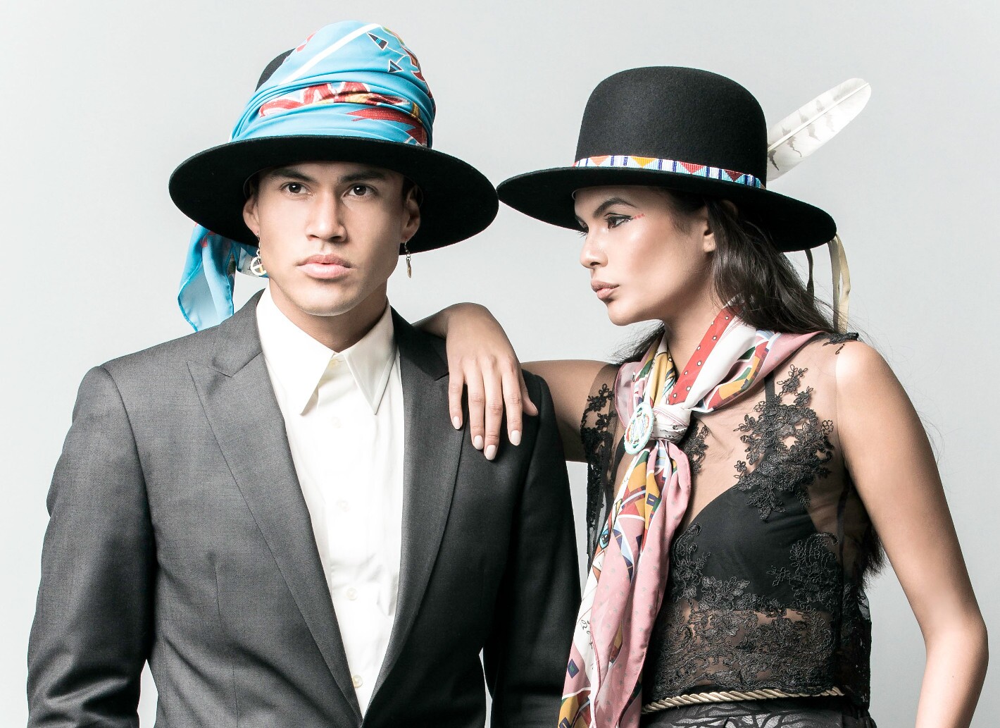 Models Martin Sensmeier and Jade Whillouby wear clothing from Los Angeles designer Bethany Yellowtail's B.Yellowtail line from spring 2015.