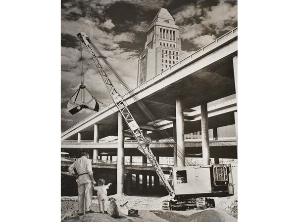 A composite photograph showing Los Angeles City Hall, the Four Level interchange, and two members of the Watson family. Courtesy of the Watson Family Photographic Archive.
