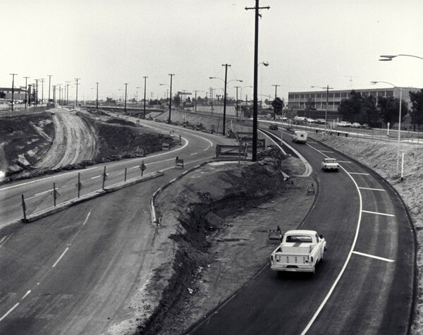 Olympic Boulevard is diverted in Santa Monica as grading and other work begins on the Santa Monica Freeway, circa 1964. Courtesy of the Santa Monica Public Library Image Archives.