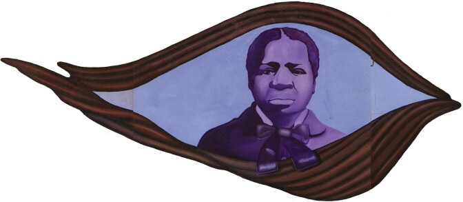 A section of the mural depicting a portrait of Biddy Mason painted in shades of purple.