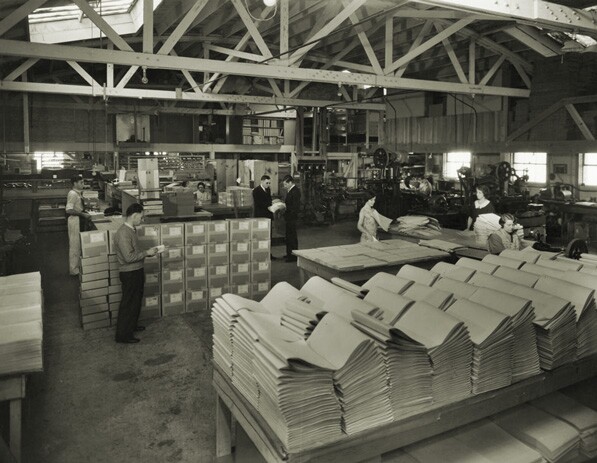 Press room of the Universal Braille Press in Los Angeles, circa 1933. Courtesy of the USC Libraries' Special Collections, Los Angeles Area Chamber of Commerce Collection